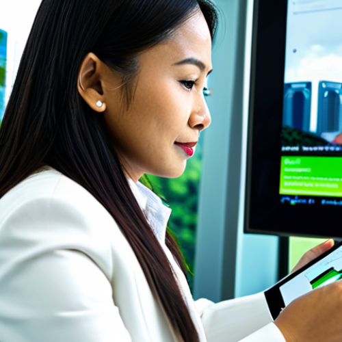 Home 6 A professional Malaysian businesswoman in a modest business suit, thoughtfully reviewing data on a tablet at a sleek desk in a bright, modern office. The tablet displays graphs related to green investments and carbon credit markets. In the background, a blurred view of Kuala Lumpur's skyline with lush green elements subtly suggests sustainable urban development. The atmosphere is professional and focused. fully clothed, appropriate attire, safe for work, professional dress, perfect anatomy, correct proportions, natural pose, well-formed hands, proper finger count, natural body proportions, professional photography, high quality, family-friendly content.